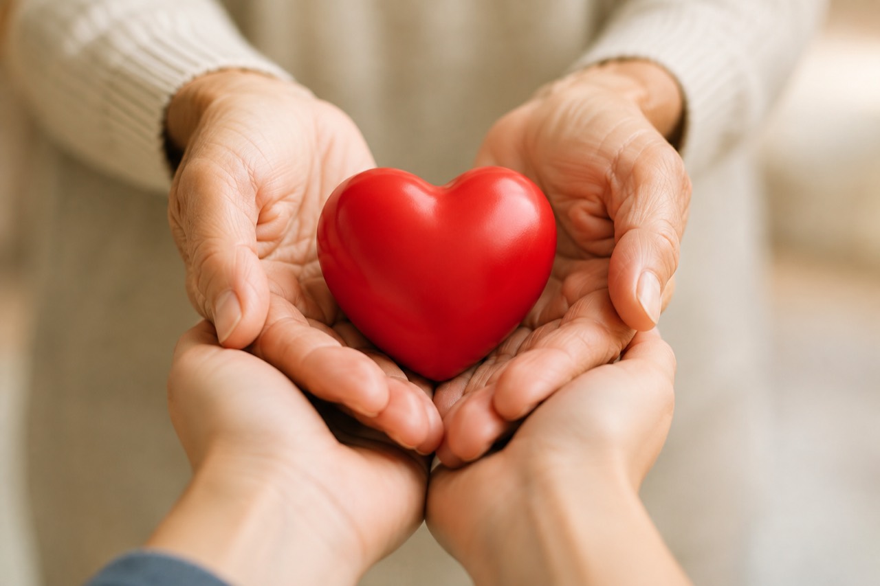 Hands holding a red heart