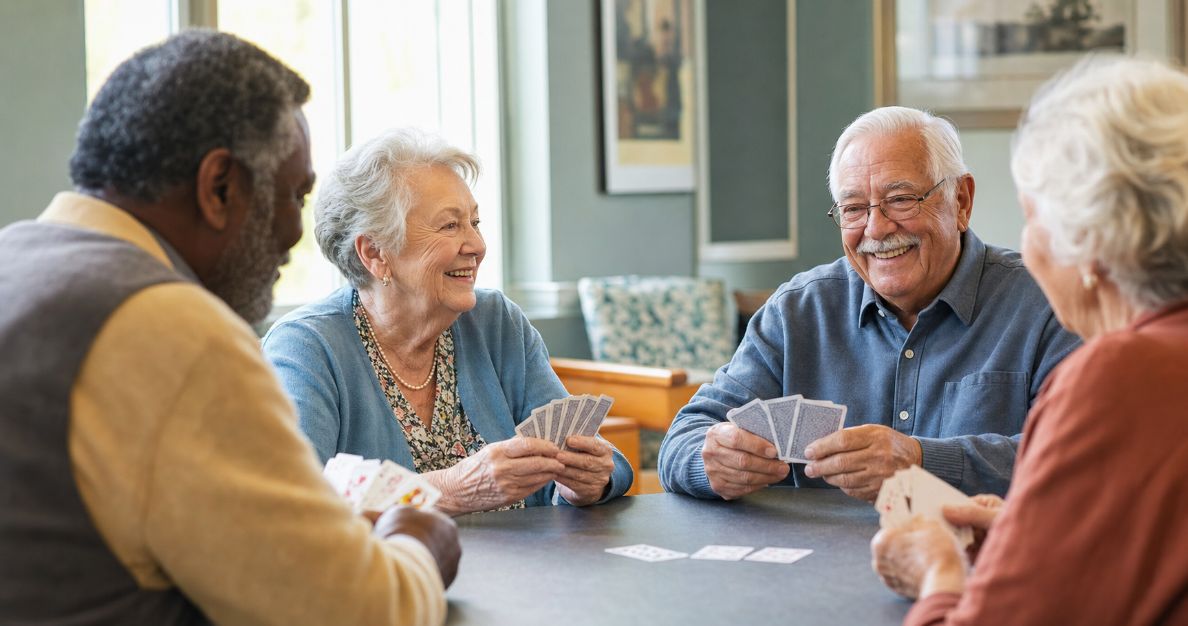 A group of older adults smiling and playing cards together