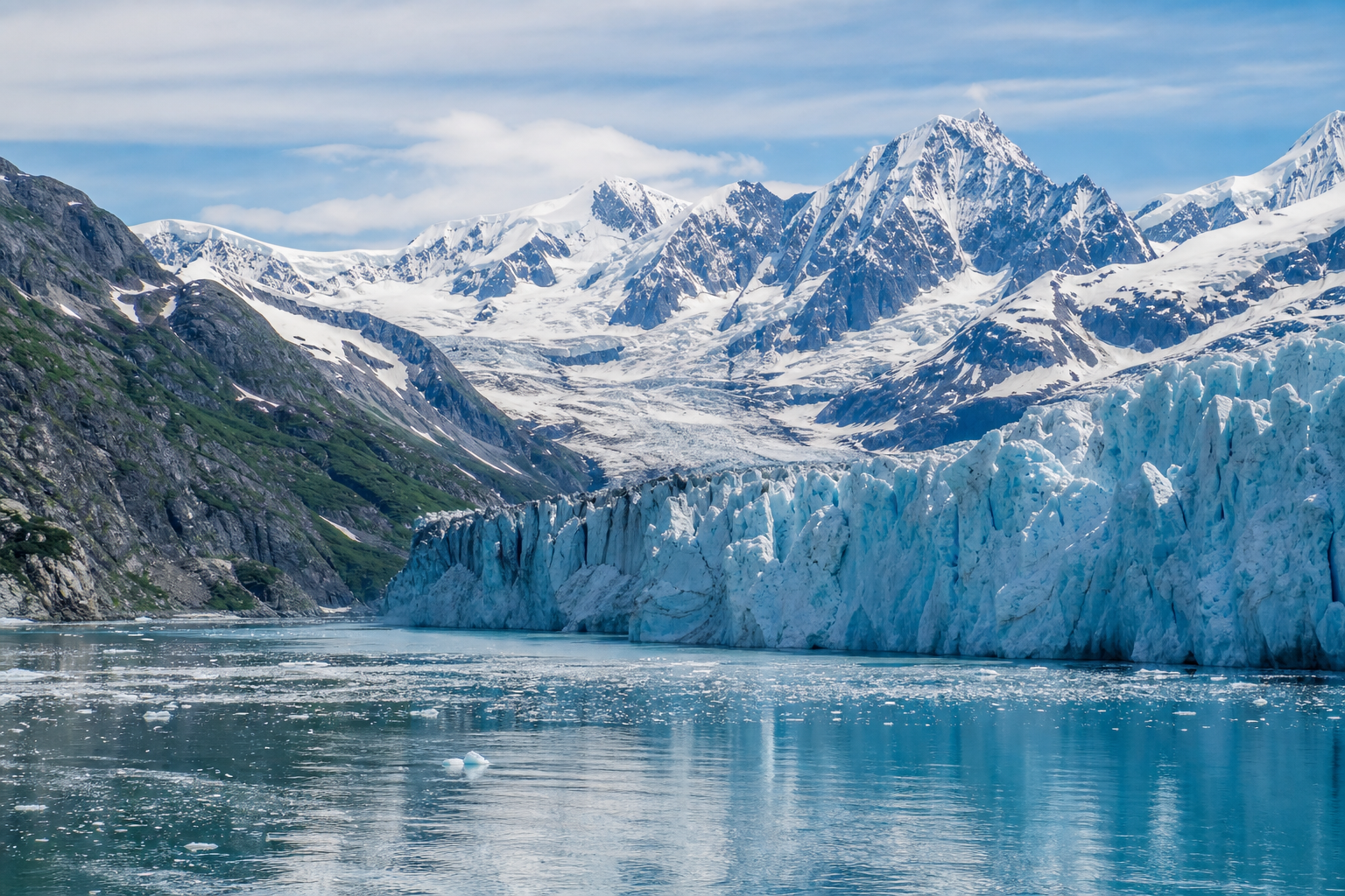 Blue glacier and mountains along Alaska&rsquo;s Inside Passage