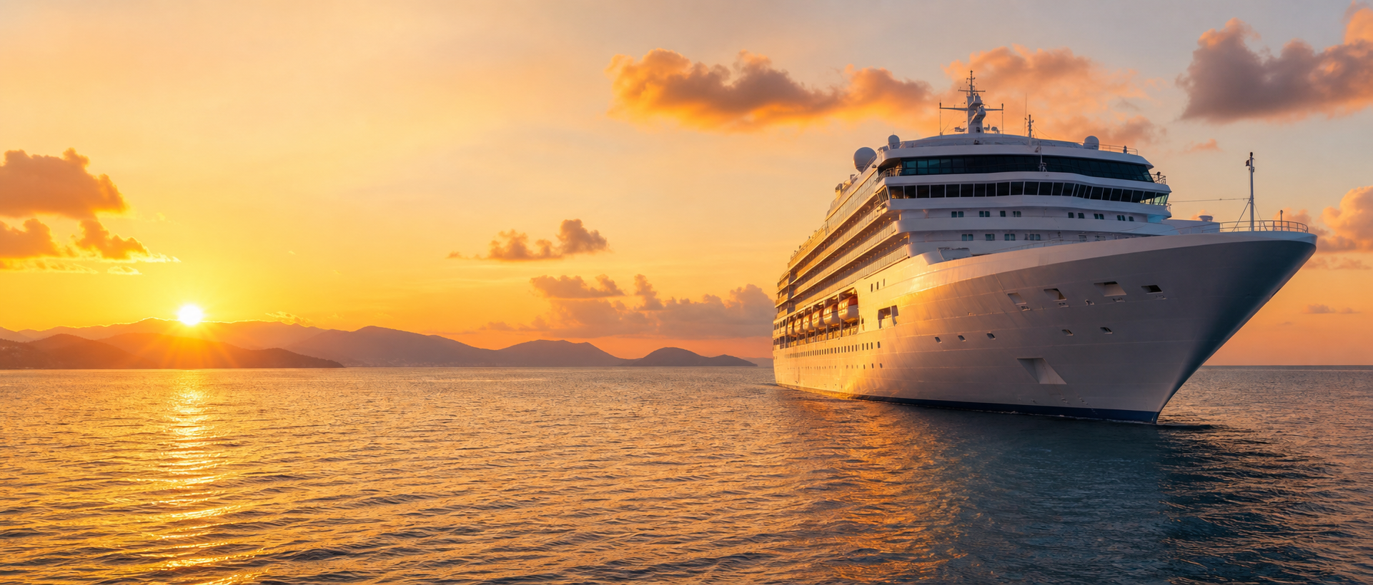 Cruise ship sailing through calm Caribbean water at sunset