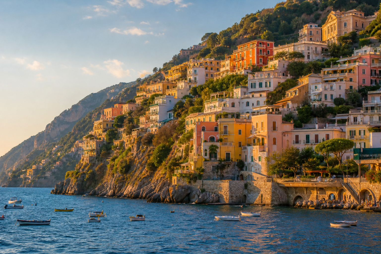 Colorful Mediterranean coastal town beside the sea